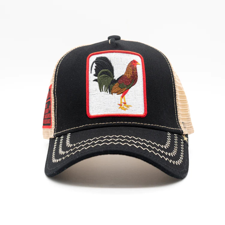 GOLD STAR HAT - NEW ROOSTER BLACK/BEIGE TRUCKER HAT