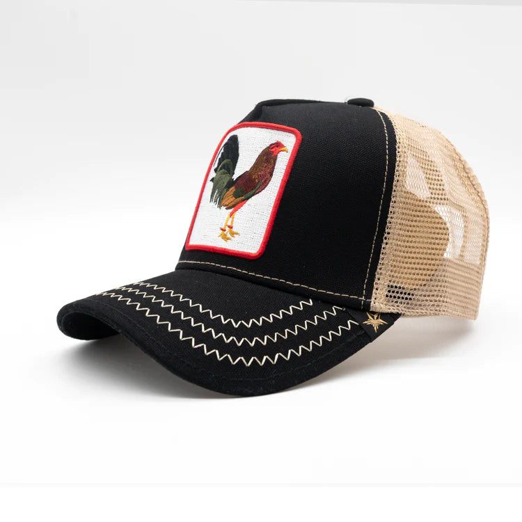 GOLD STAR HAT - NEW ROOSTER BLACK/BEIGE TRUCKER HAT