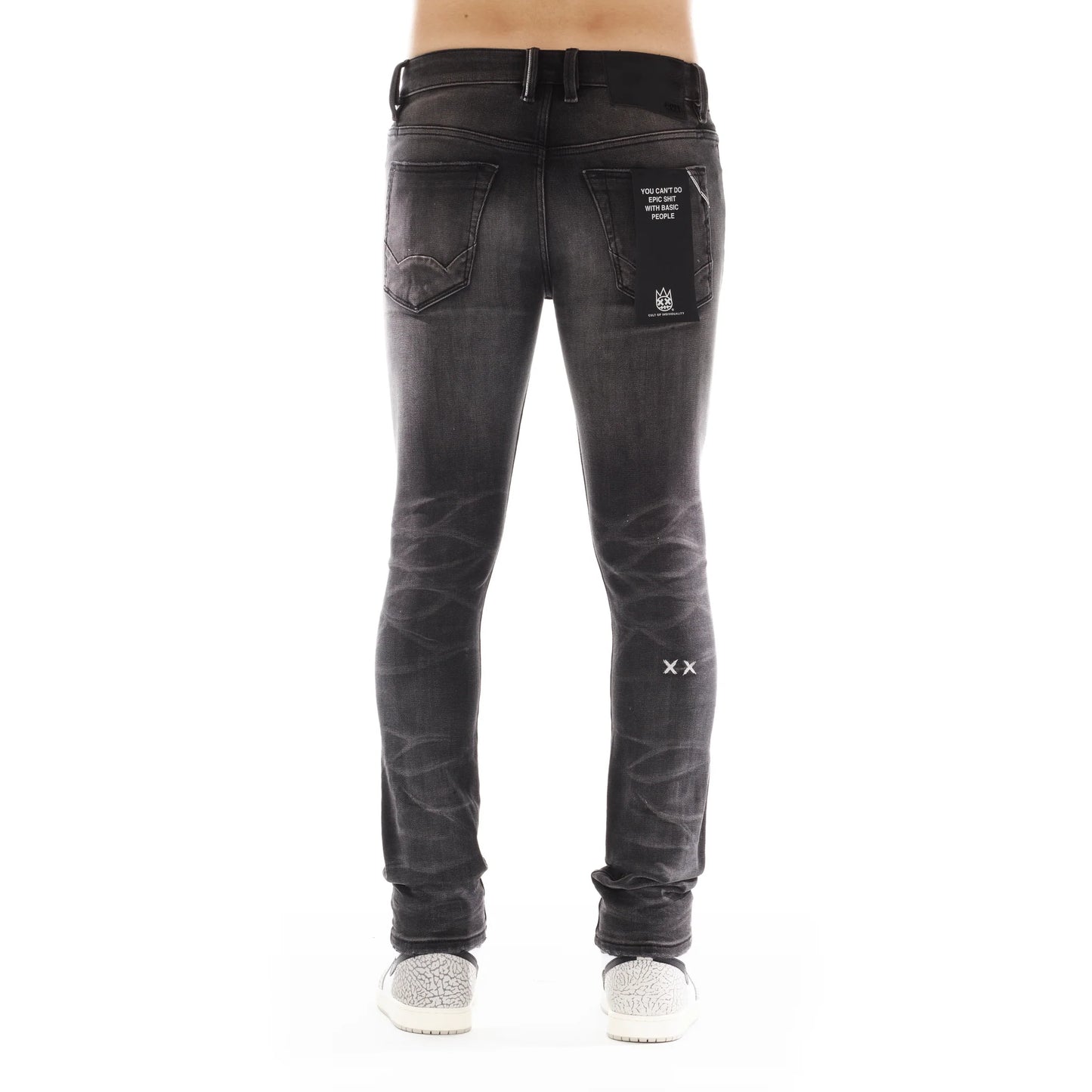 Back side view of Punk Super Skinny in Asher jeans, featuring Cult signature 'XX' on back leg and vintage wash for a stylish look