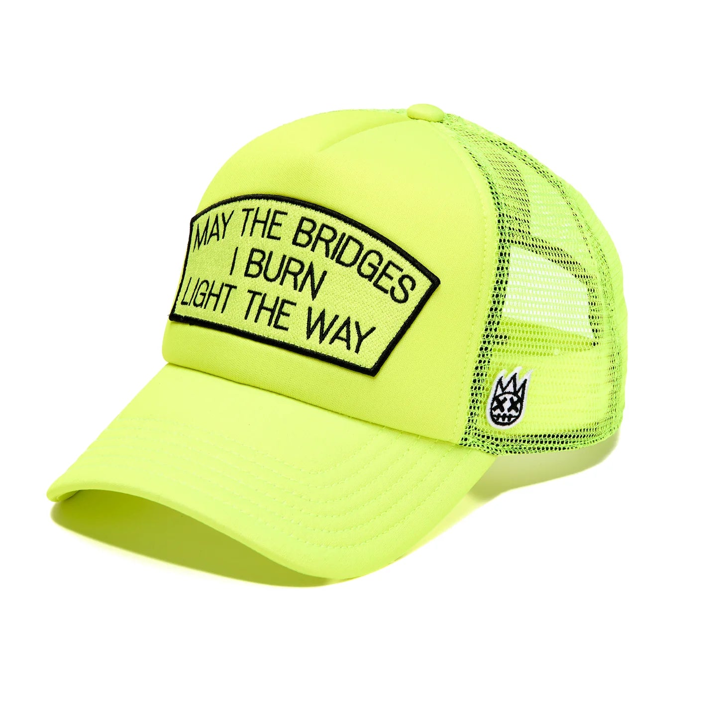 "MAY THE BRIDGES I BURN" MESH BACK TRUCKER HAT IN NEON YELLOW