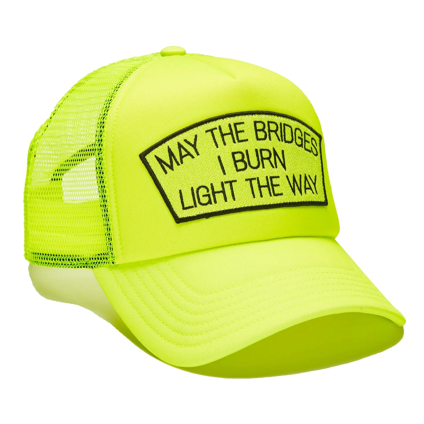 "MAY THE BRIDGES I BURN" MESH BACK TRUCKER HAT IN NEON YELLOW