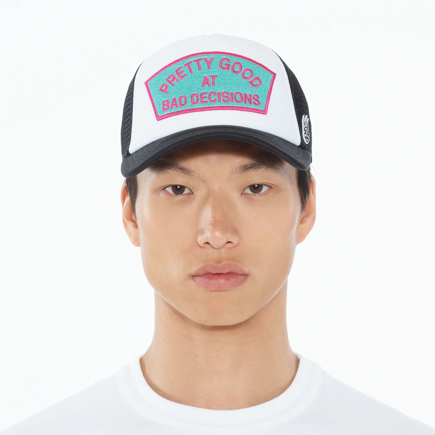 Cult's "Good At Bad Decisions" Mesh Back Trucker Hat in White
