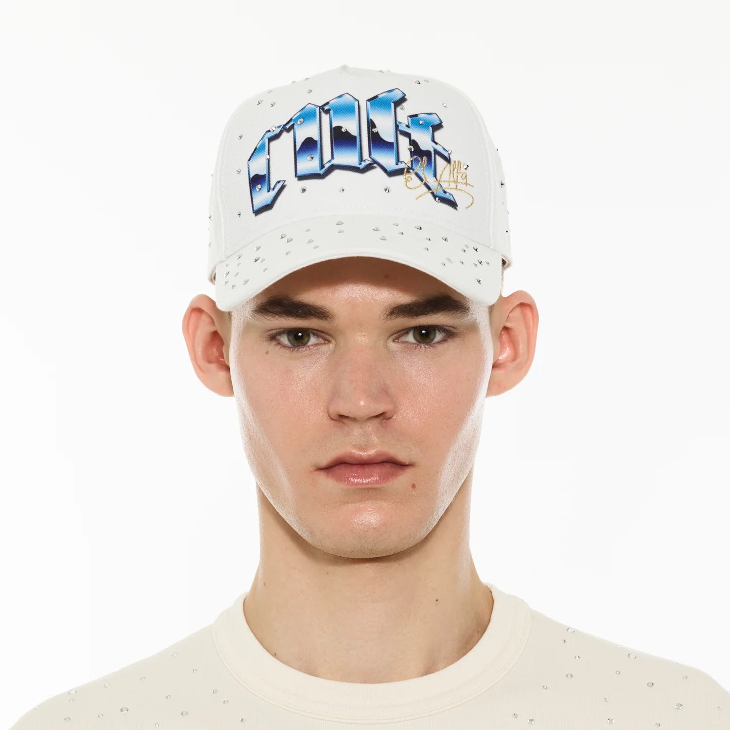 Cult x El Alfa Premium Logo 5 Panel A Frame Trucker Hat "Panther" in Winter White 625B8-CH106A