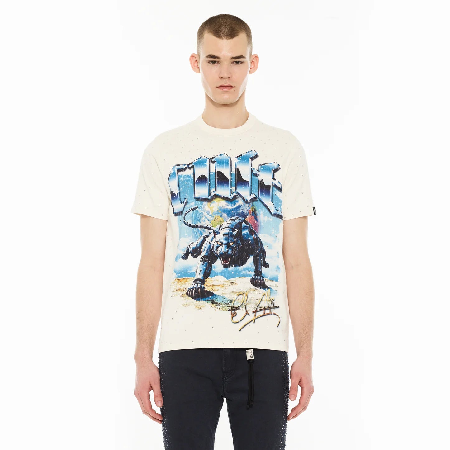 Cult x El Alfa Premium Short Sleeve Crew Neck Tee "Panther" in Winter White 625B8-K43A