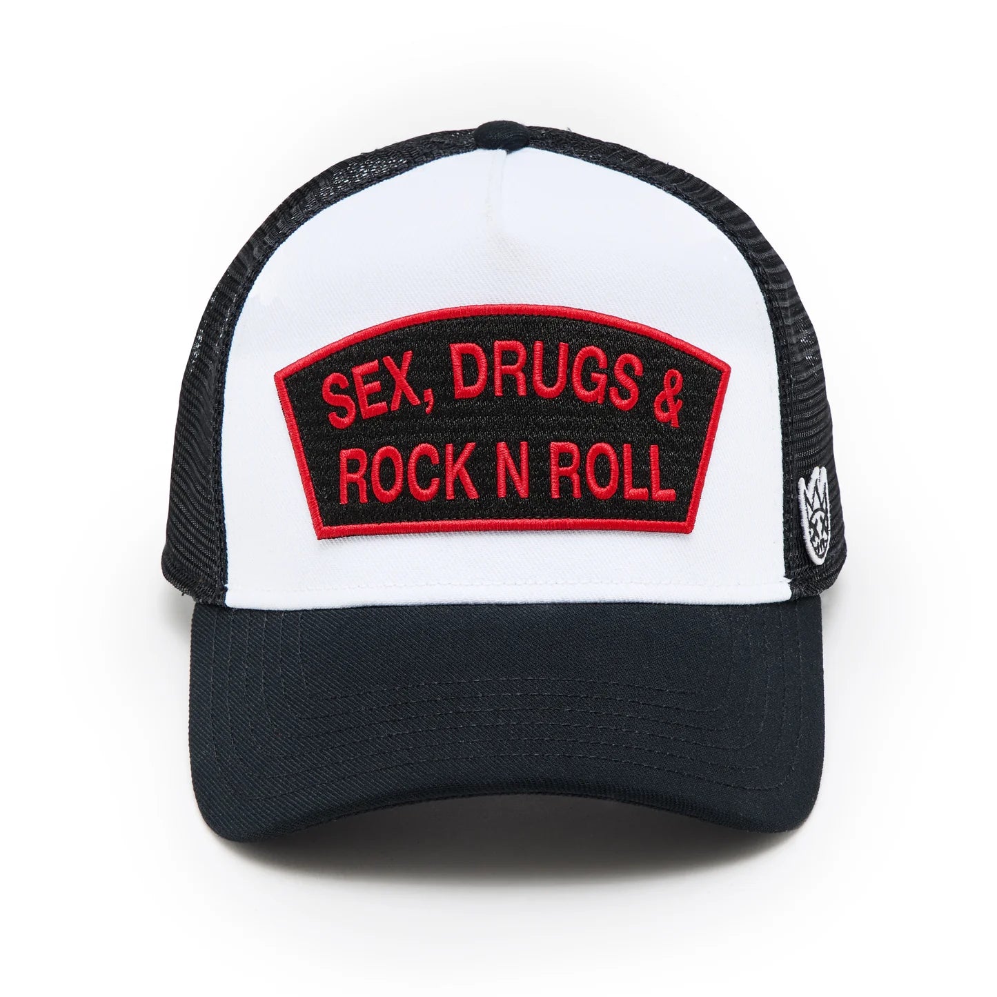 Cult's Logo Mesh Back Trucker Hat "Sex Drugs Rock N Roll" in White 625BC-CH54A