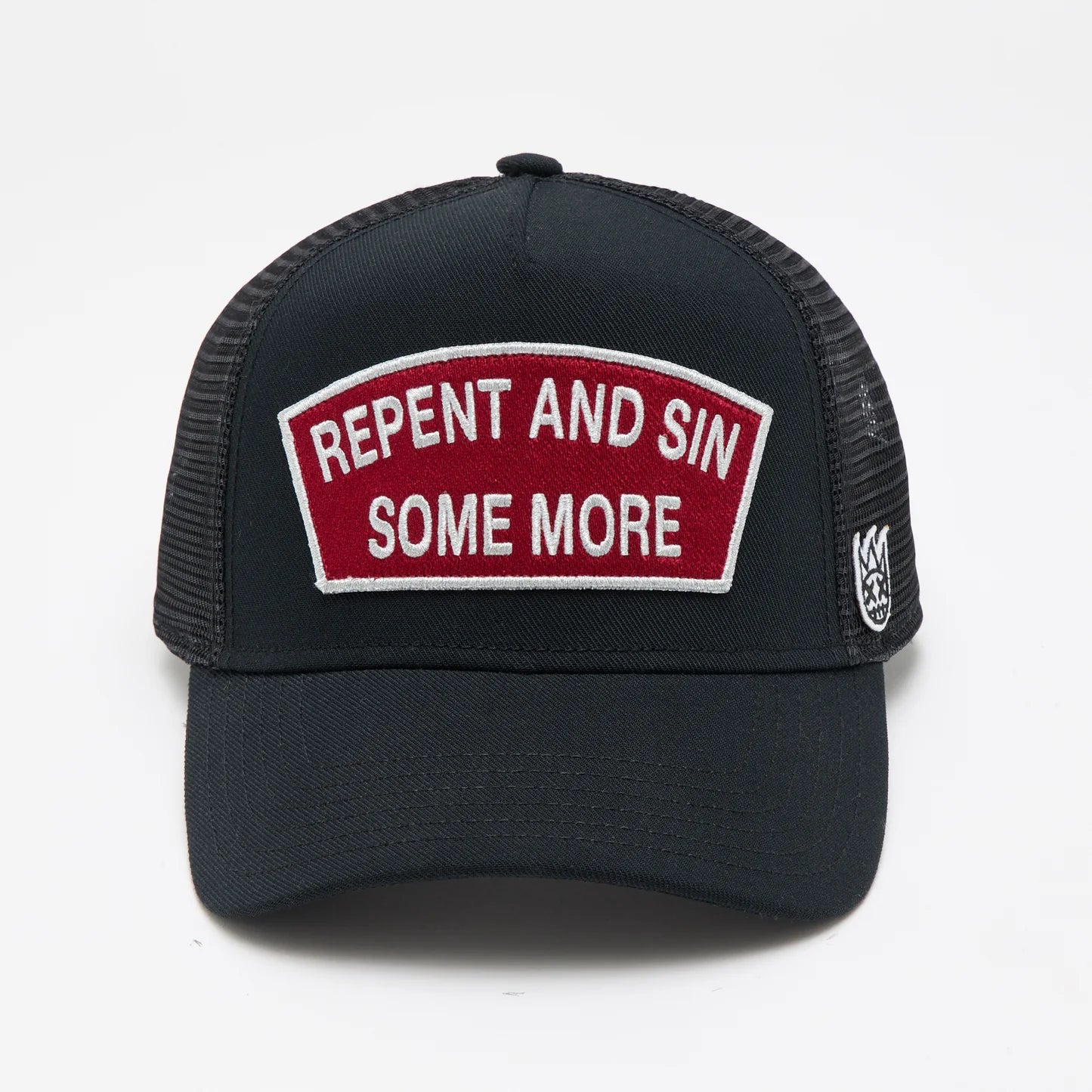 Cult's Logo Mesh Back Trucker Hat "Repent And Sin Some More" in Black 625BC-CH78A