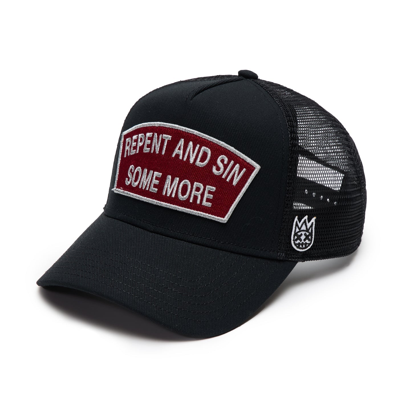 Cult's Logo Mesh Back Trucker Hat "Repent And Sin Some More" in Black 625BC-CH78A
