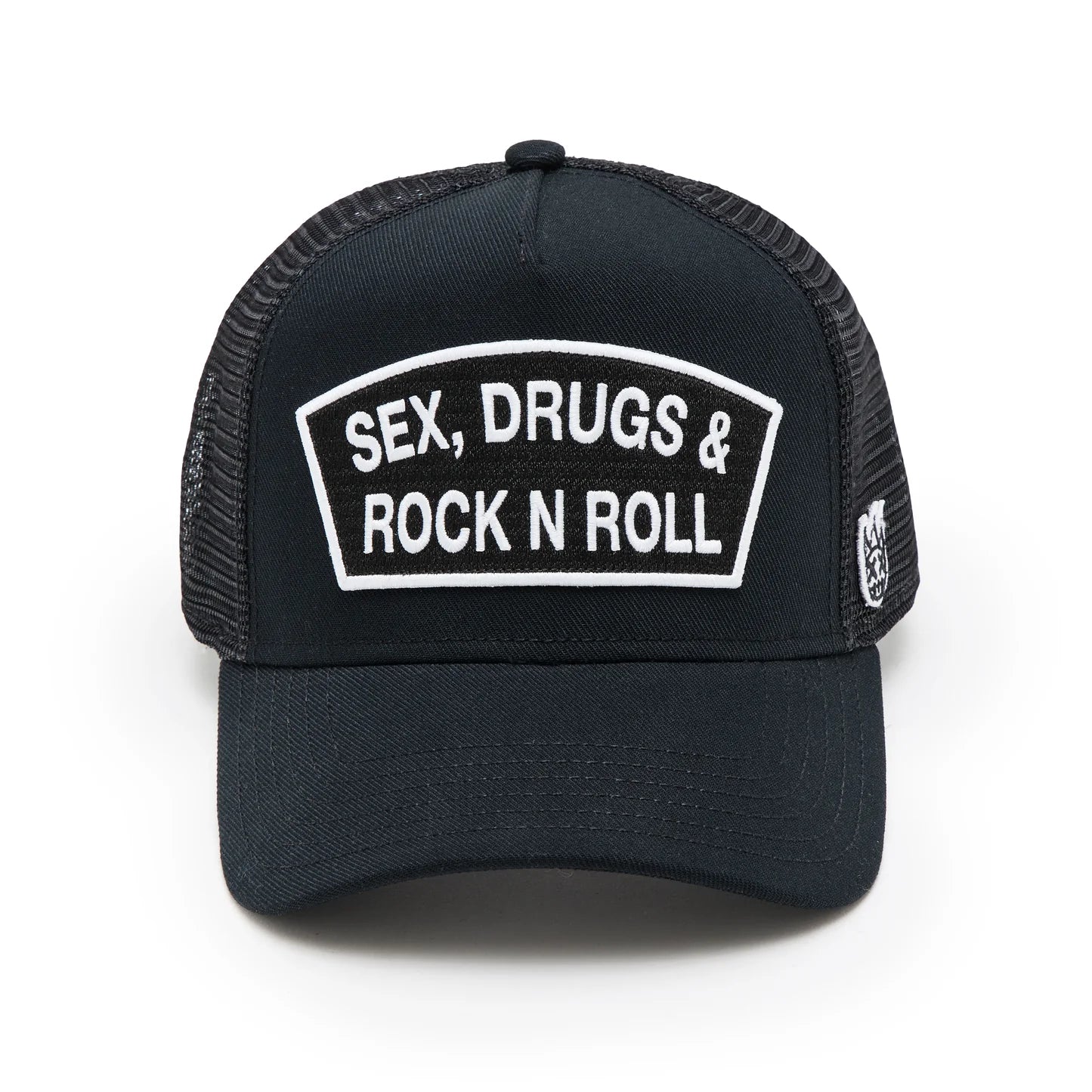 Cult's Logo Mesh Back Trucker Hat "Sex Drugs Rock N Roll" in Black 625BC-CH82A