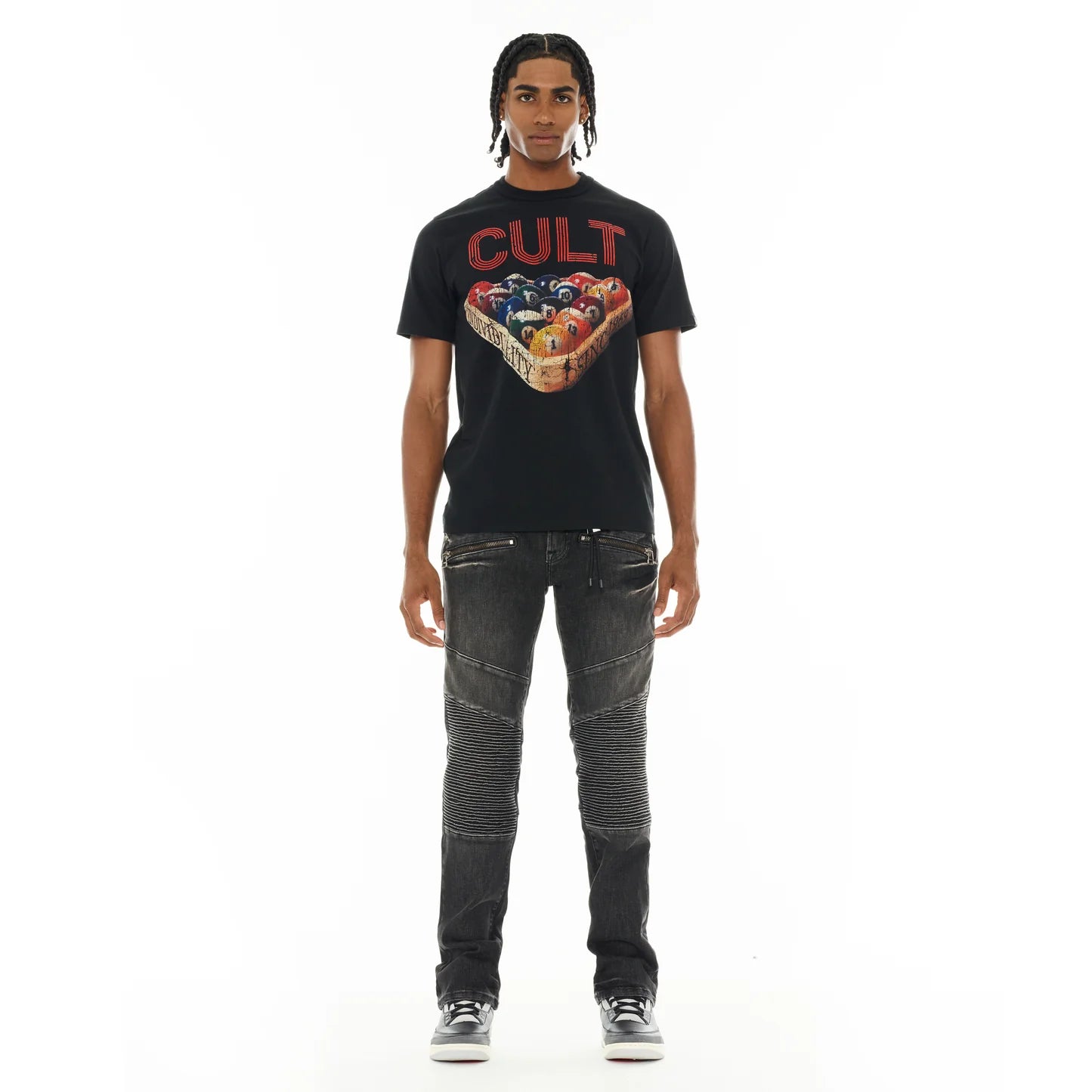 Cult's Heavyweight Short Sleeve Crew Neck Tee "Billiards" in Black SKU: 626A4-K29A
