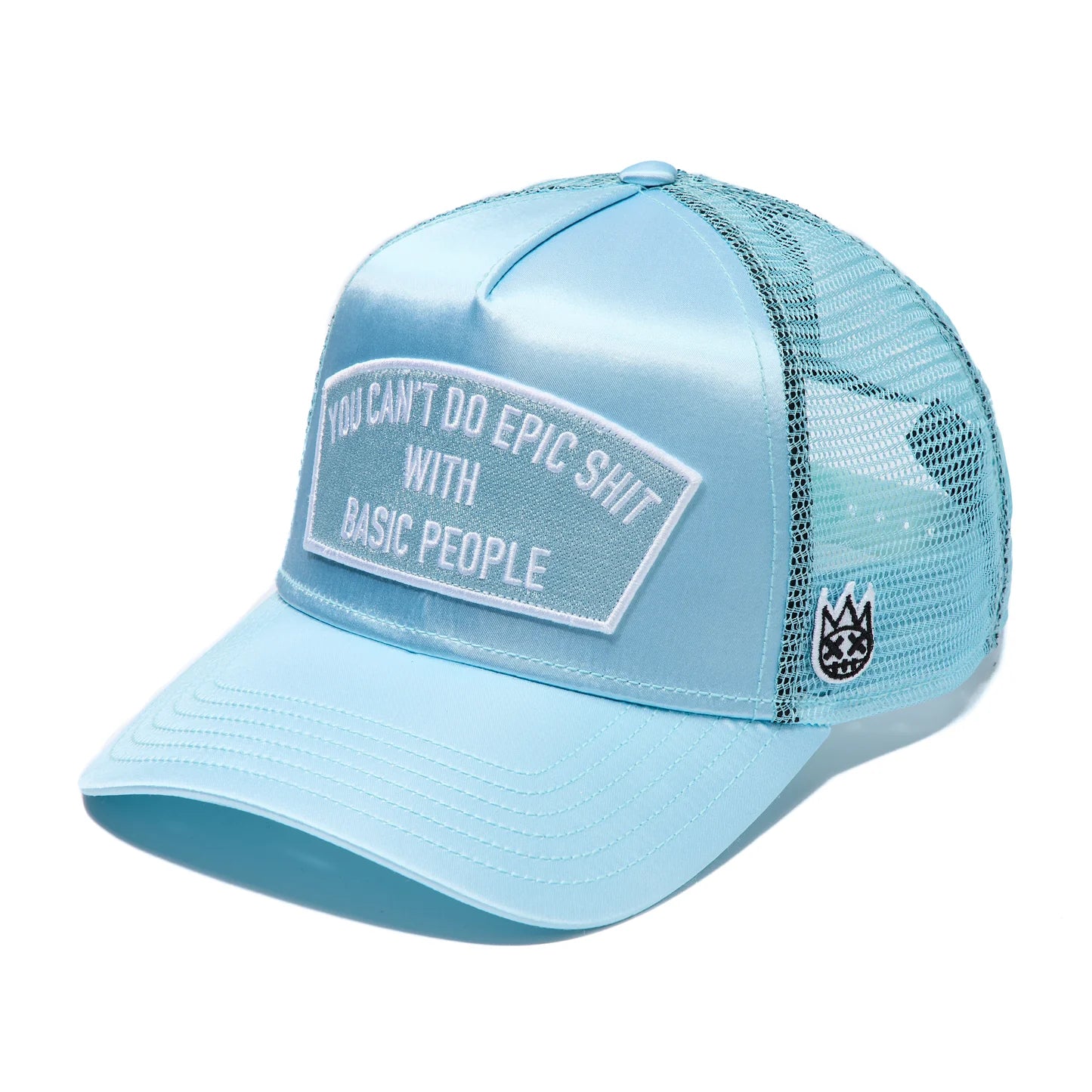 Cult's Mesh Trucker Hat With Satin "Epic Shit" In Blue Glow SKU: 626AC-CH73A
