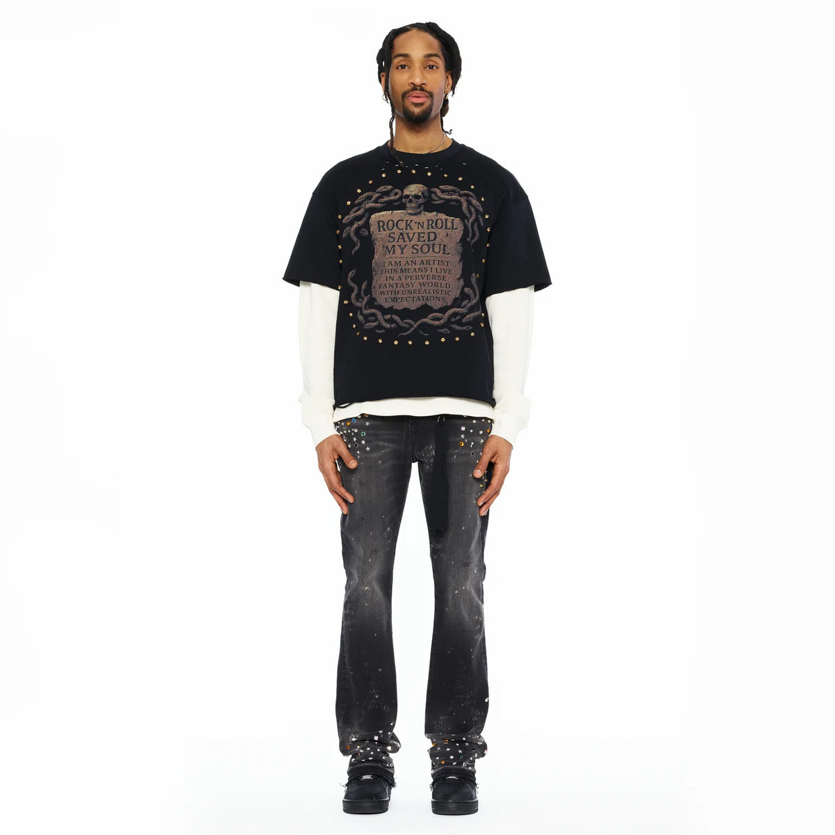 Cult's Long Sleeve Layered Thermal Tee "Rock N Roll Saved My Soul" In Black 626B8-LST72A