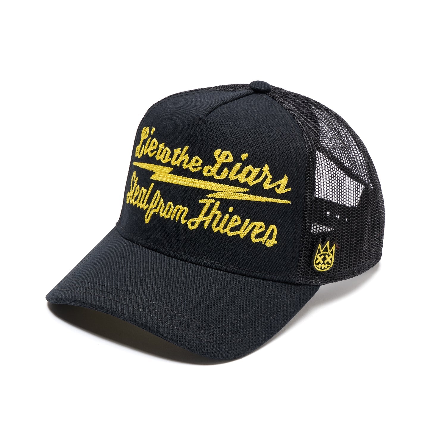Cult's Mesh Back Trucker Hat "Lie To The Liars" In Black/Yellow 626BC-CH66A