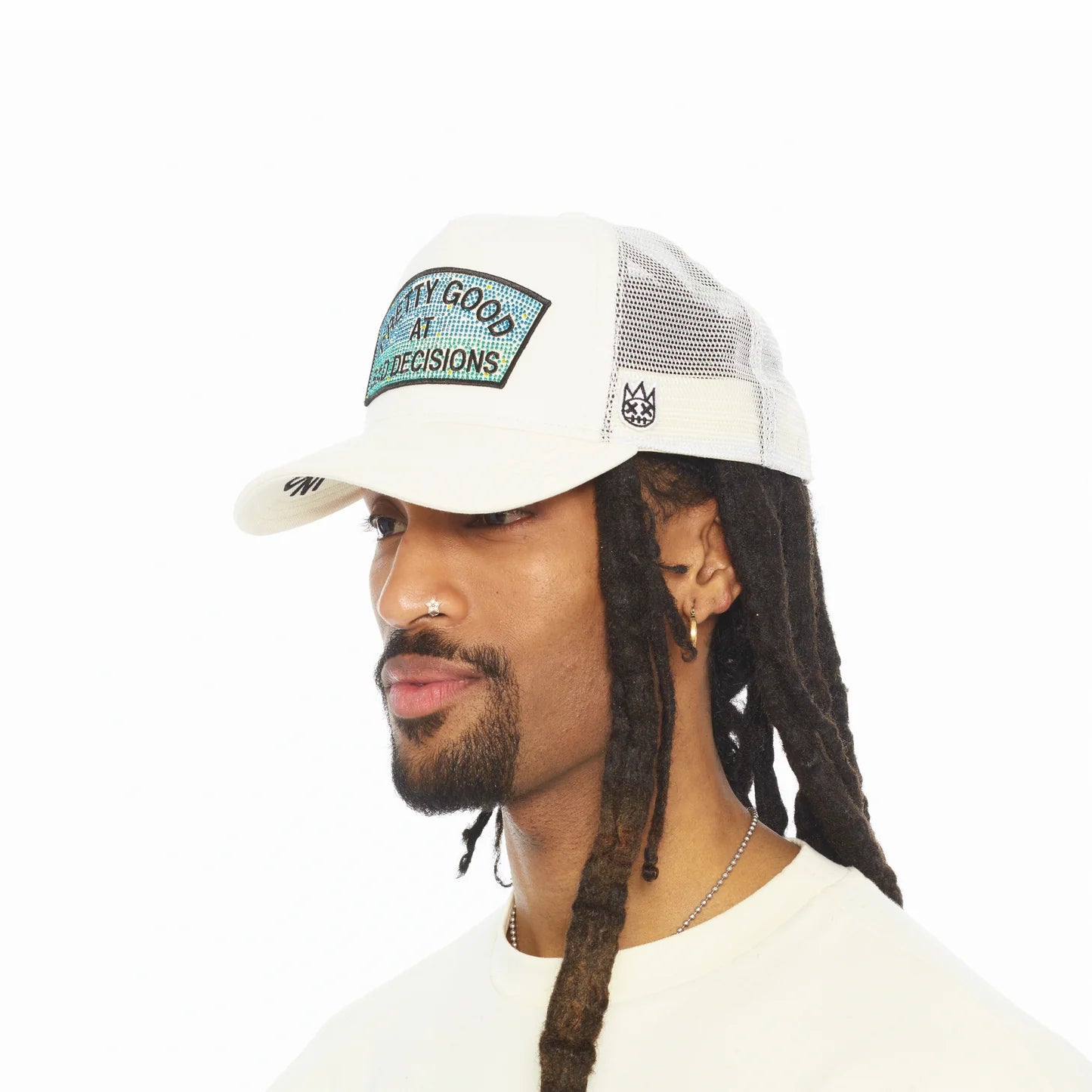 Cult's Mesh Back Trucker Hat "Pretty Good At Bad Decisions" In Winter White 626BC-CH76A