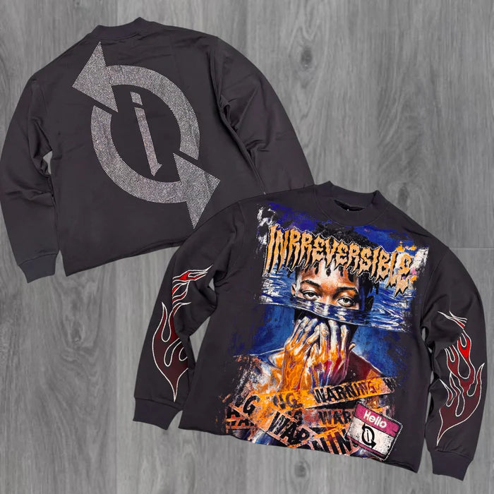 IRREVERSIBLE - Warning Rhinestone Crewneck - Dk Grey