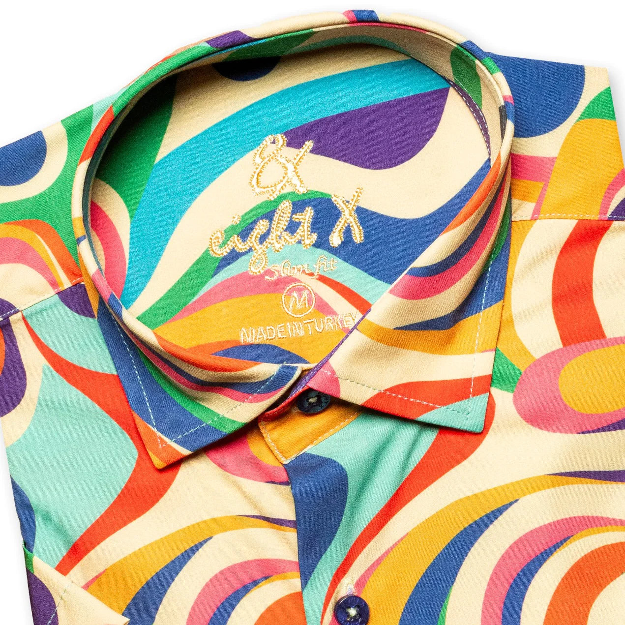 Close-up view of the collar on Eight X Toucan short sleeve button down shirt, highlighting the detailed craftsmanship and premium fabric blend for a stylish and comfortable fit