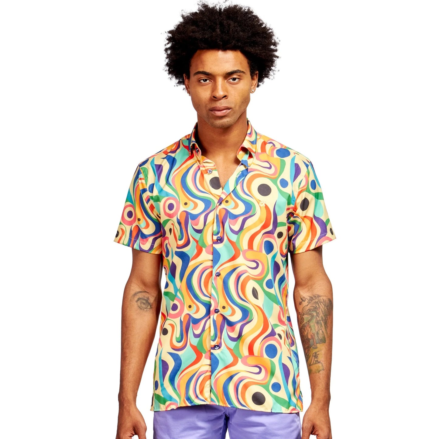 Man wearing Eight X Toucan short sleeve button down shirt, posing to highlight the superior quality and breathable cotton-polyester blend perfect for staying cool in the heat