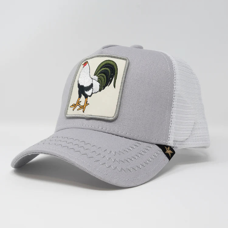 GOLD STAR HAT - NEW ROOSTER GREY AND WHITE TRUCKER HAT