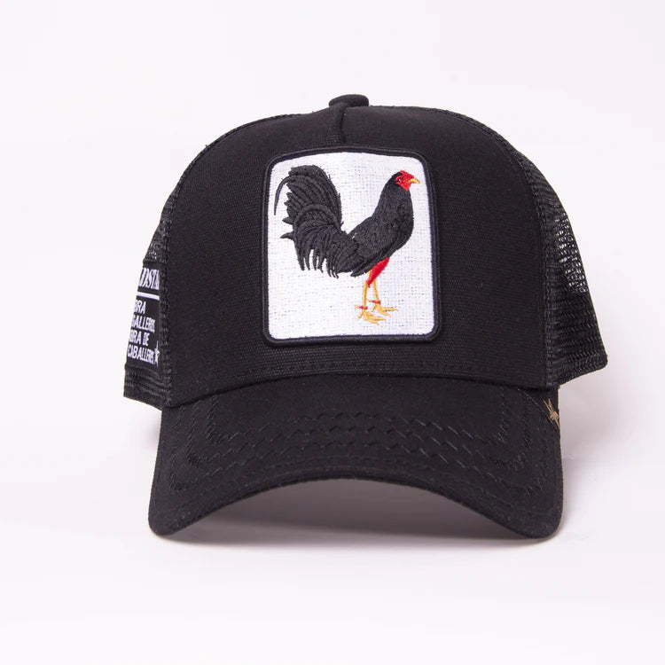Front view of the Gold Star Rooster Black Trucker Hat featuring raised seams and a stylish rooster patch, perfect for casual everyday wear