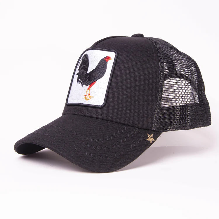 Angled view of the Gold Star Rooster Black Trucker Hat showcasing the unique rooster patch and high-quality material