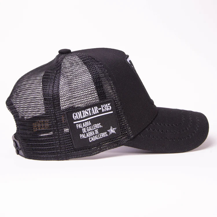 Side view of the Gold Star Rooster Black Trucker Hat highlighting the adjustable fit and traditional mesh paneling
