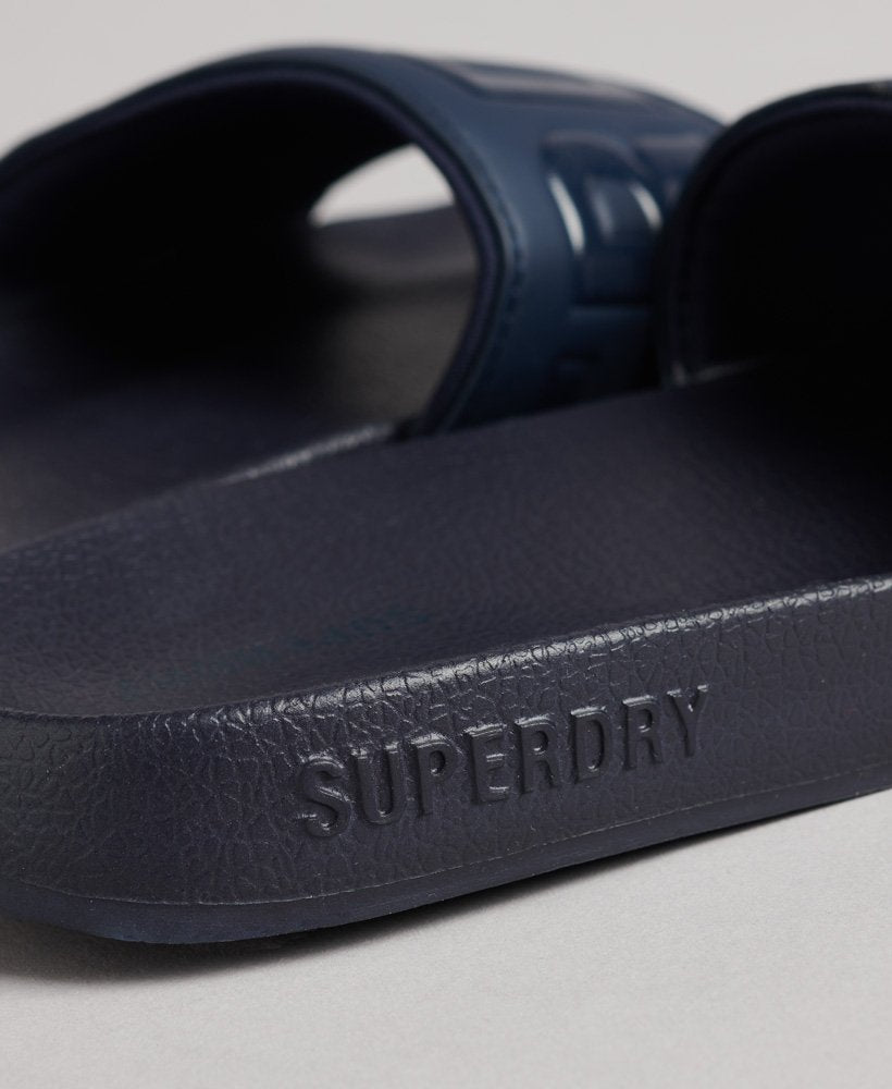 Close-up view of the Superdry branding on the Code Core Pool Sliders, highlighting the quality and style associated with the Superdry brand