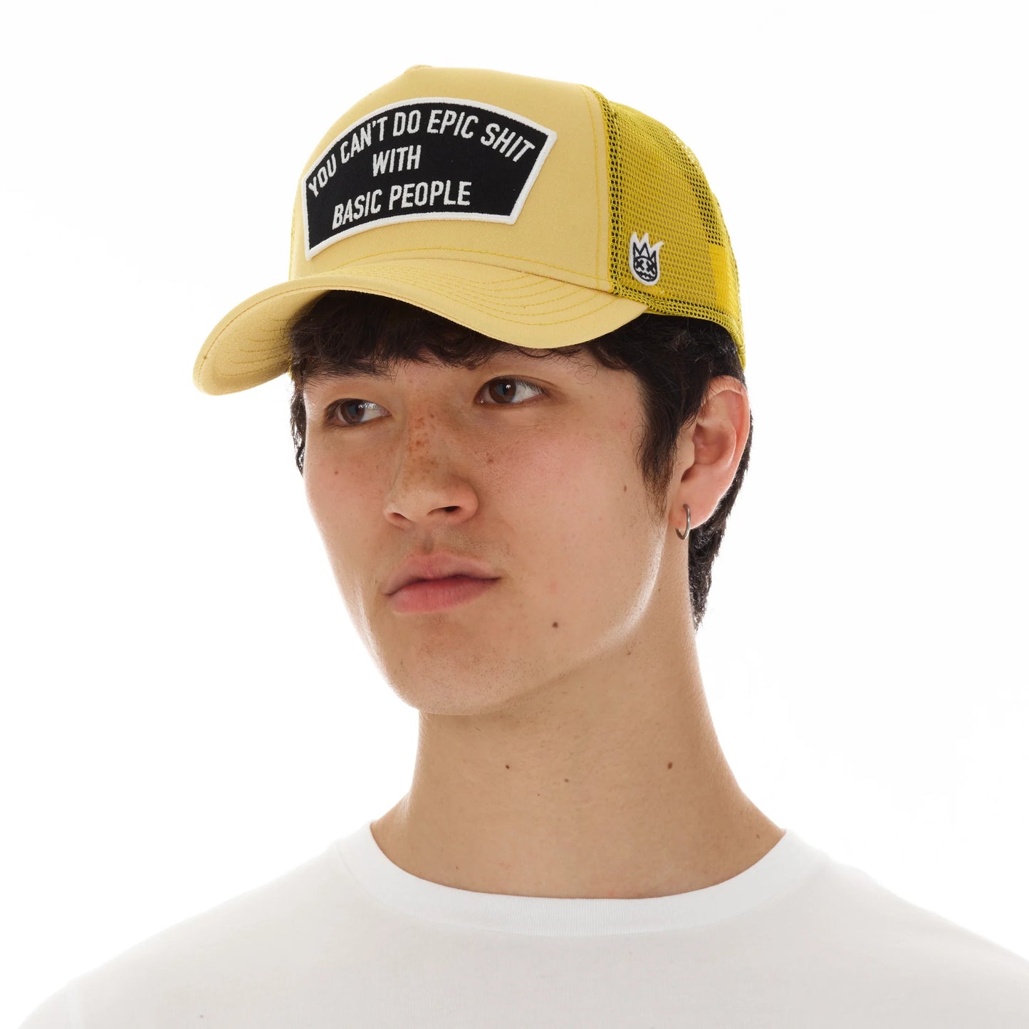 "CAN'T DO EPIC SHIT" MESH BACK TRUCKER CURVED VISOR IN VINTAGE YELLOW