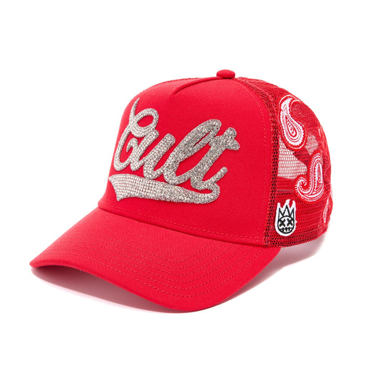 Cult's Paisley Shimuchan Logo Mesh Back Trucker Hat in Red 624B10-CH73B
