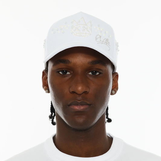 Cult x El Alfa Premium 5 Panel A Frame Trucker Hat with Pearls in White 625AC-CH1A