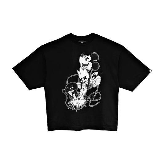 Cult's Oversized Heavyweight Boxy Short Sleeve Crew Neck Tee "No Music No Life" in Black 625B10-K40A