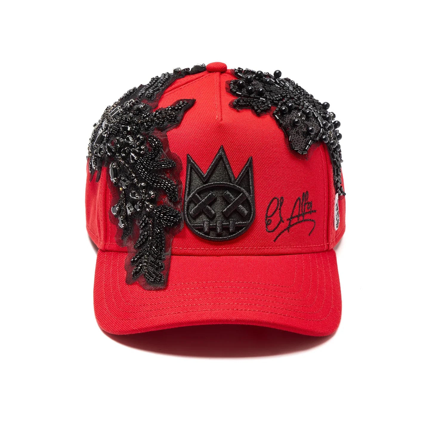 Cult X El Alfa Lurex Emb Logo 5 Panel A Frame Trucker Hat in Red  625B12-CH302A