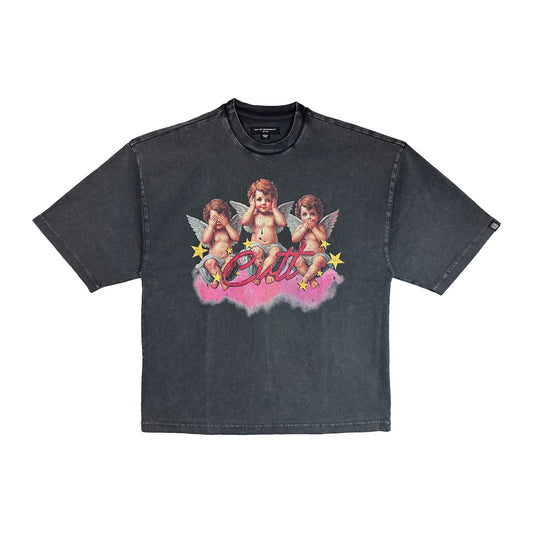 Cult's Oversized Heavyweight Boxy Short Sleeve Crew Neck Tee "Cherubs" in Vintage Charcoal 625B7-K29A-XS