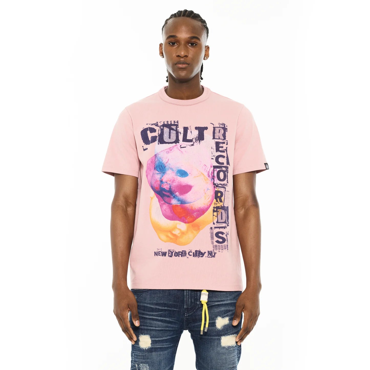 Cult's Heavyweight Short Sleeve Crew Neck Tee "Cult Records" in Silver Pink 625B7-K39A