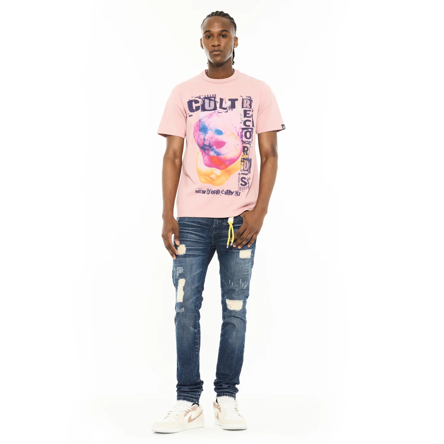 Cult's Heavyweight Short Sleeve Crew Neck Tee "Cult Records" in Silver Pink 625B7-K39A