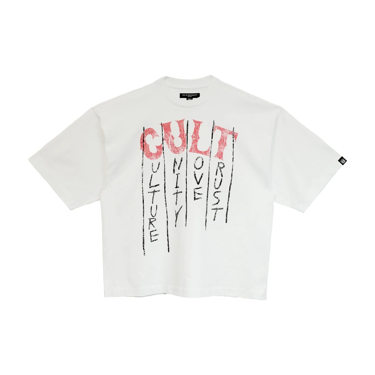 Cult's Oversized Heavyweight Boxy Short Sleeve Crew Neck Tee "C.U.L.T." in White 625B9-K32A