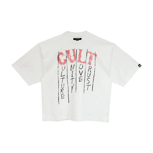 Cult's Oversized Heavyweight Boxy Short Sleeve Crew Neck Tee "C.U.L.T." in White 625B9-K32A