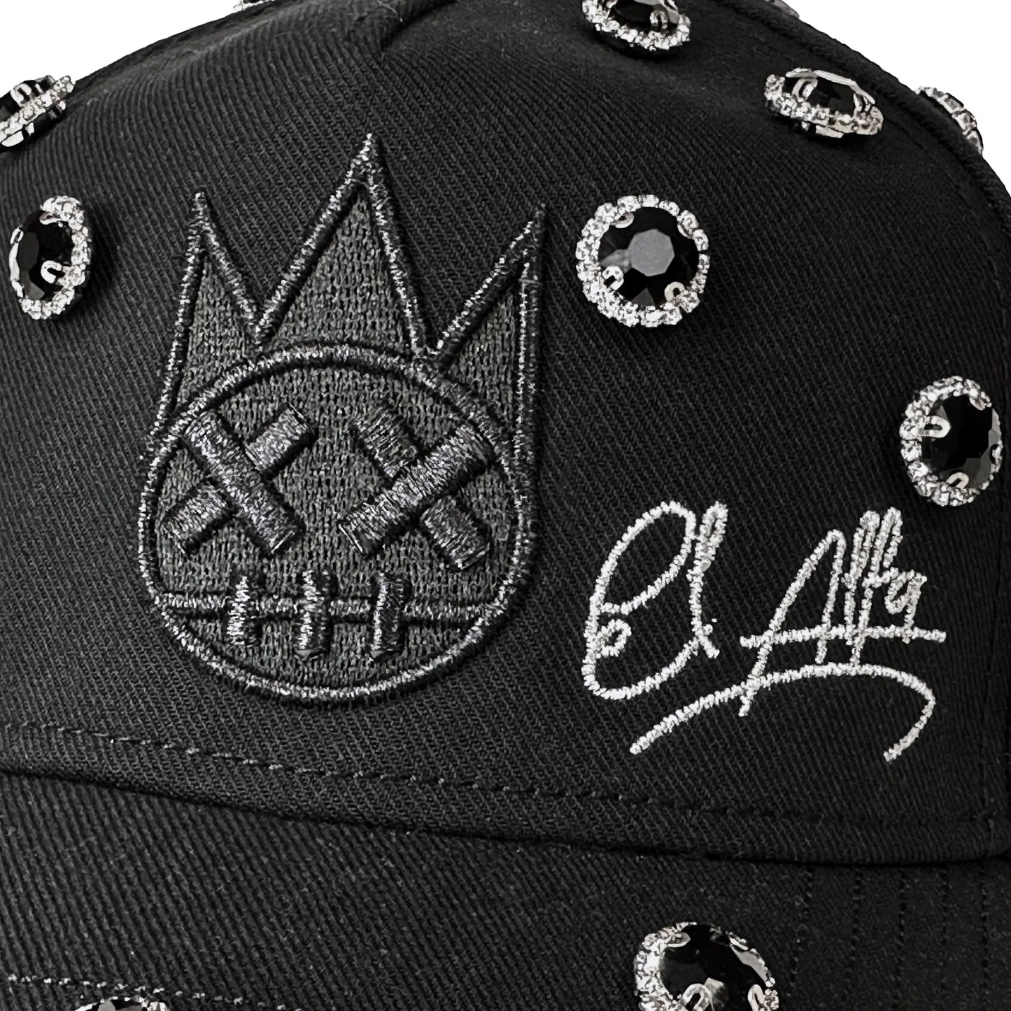 Cult x El Alfa Logo Crystal 5 Panel A Frame Trucker Hat in Black 625BC-CH113A