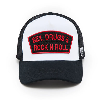 Cult's Logo Mesh Back Trucker Hat "Sex Drugs Rock N Roll" in White 625BC-CH54A