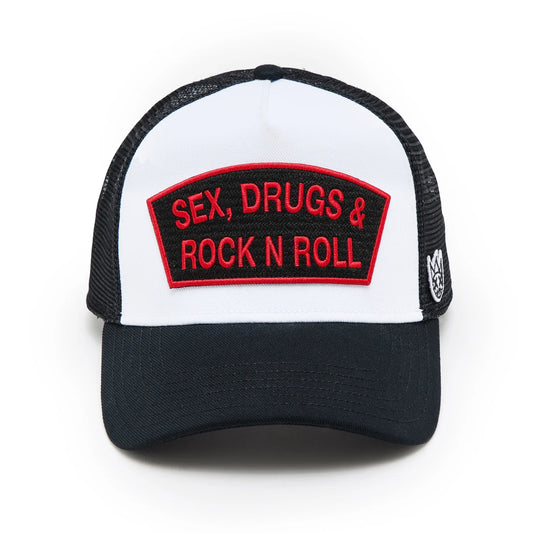 Cult's Logo Mesh Back Trucker Hat "Sex Drugs Rock N Roll" in White 625BC-CH54A