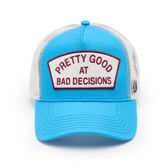 Cult's Logo Mesh Back Trucker Hat "Good At Bad Decisions" in Rhubarb625BC-CH70A