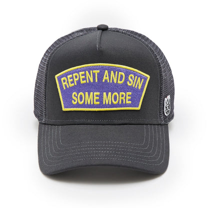 Cult's Logo Mesh Back Trucker Hat "Repent And Sin Some More" in Forged Iron 625BC-CH73A