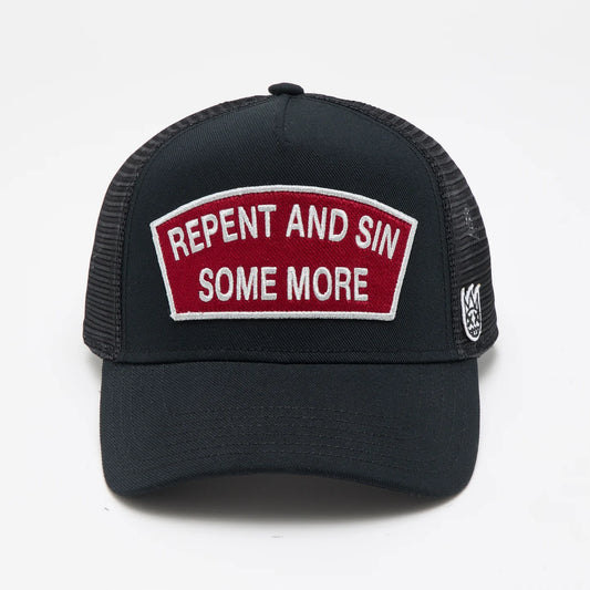 Cult's Logo Mesh Back Trucker Hat "Repent And Sin Some More" in Black  625BC-CH78A