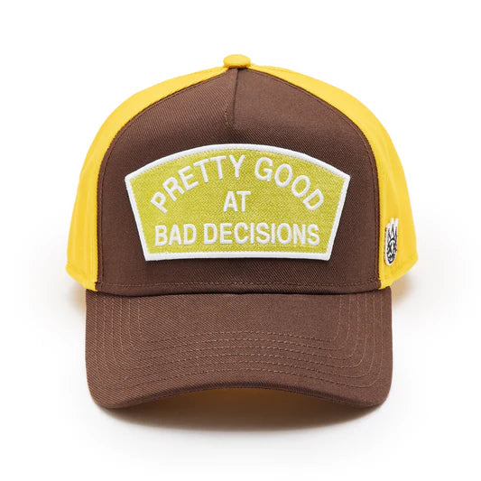 Cult's Logo Mesh Back Trucker Hat "Good At Bad Decisions" in Chocolate 625BC-CH81A