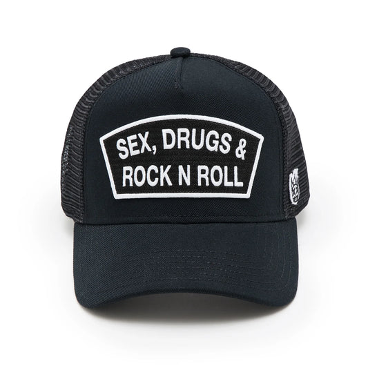 Cult's Logo Mesh Back Trucker Hat "Sex Drugs Rock N Roll" in Black 625BC-CH82A