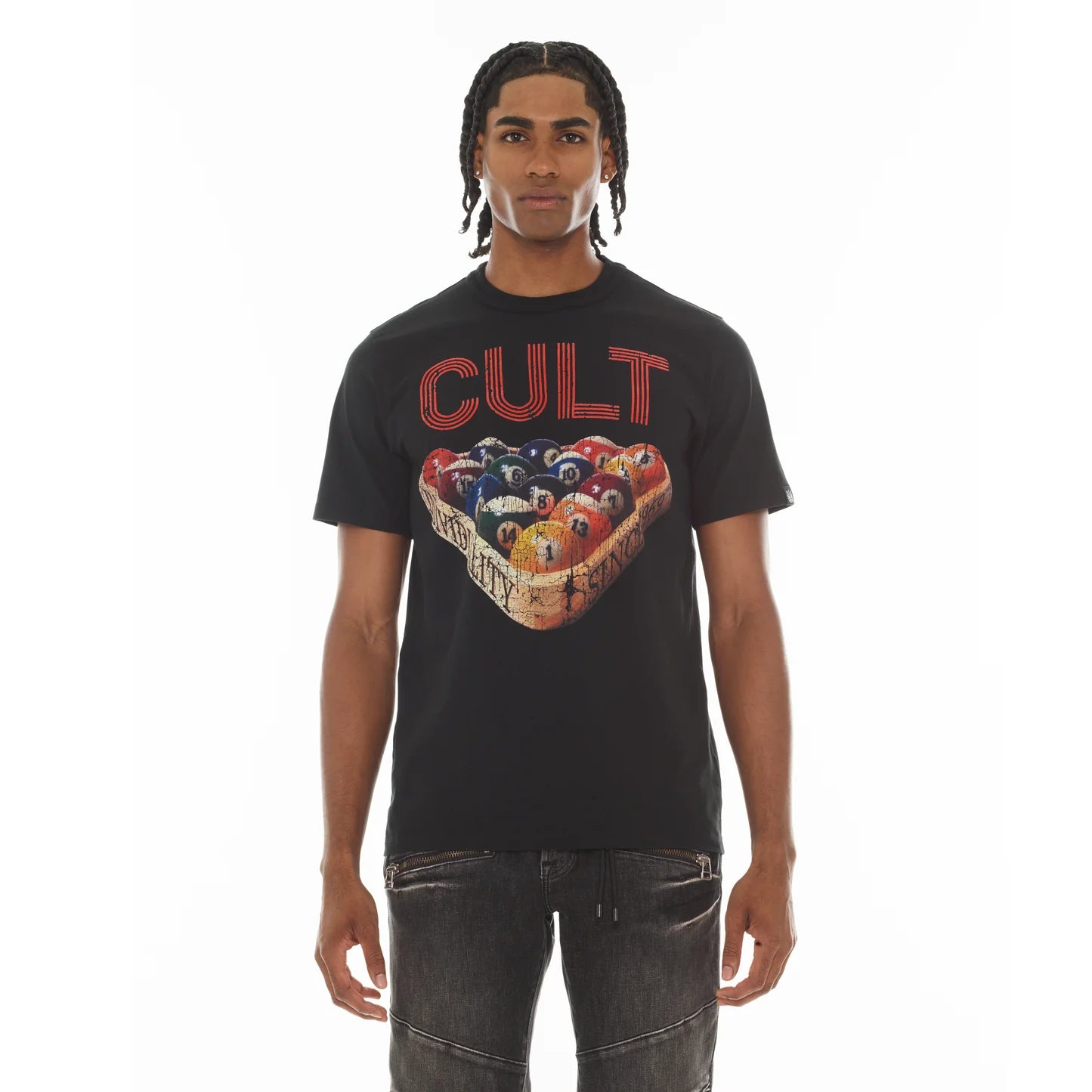 Cult's Heavyweight Short Sleeve Crew Neck Tee "Billiards" in Black SKU: 626A4-K29A