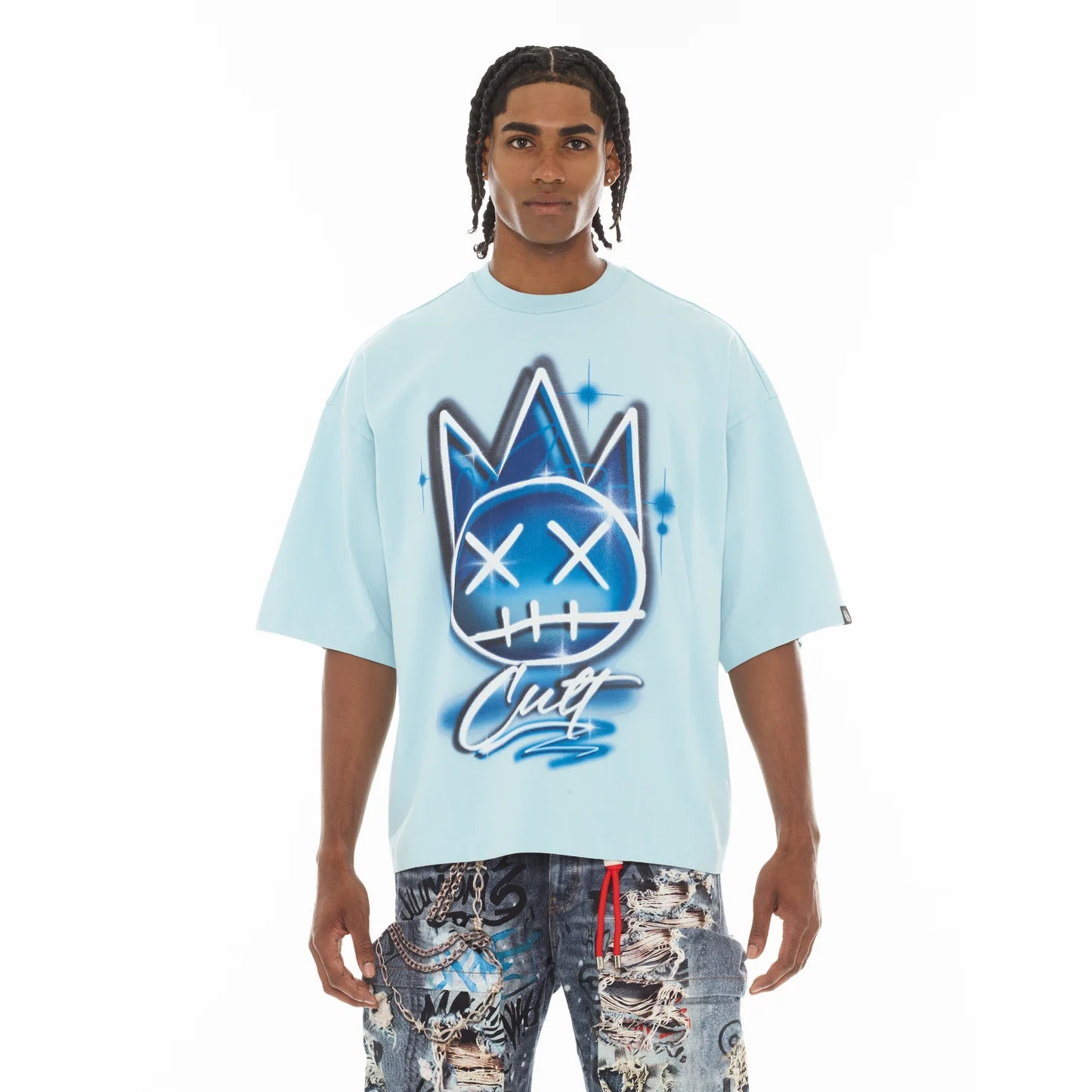Cult's Oversized Short Sleeve Crew Neck Tee "Airbrush" in Blue Glow 626A4-K38A