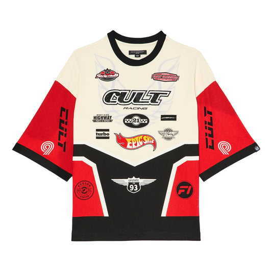 Cult's Oversized Short Sleeve Crew Neck Tee "Racer" in Winter White 626A4-K41A