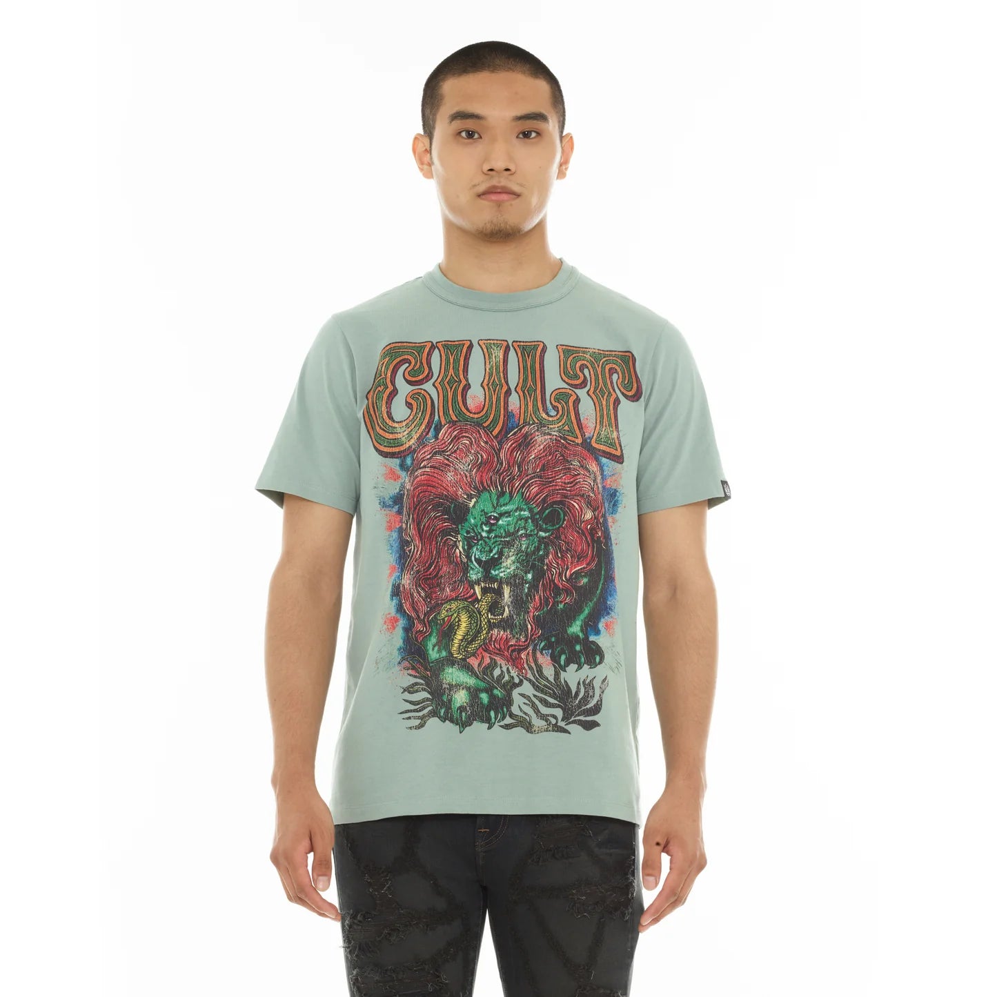 Cult's Heavyweight Short Sleeve Crew Neck Tee "Lion" in Granite Green 626A4-K49A