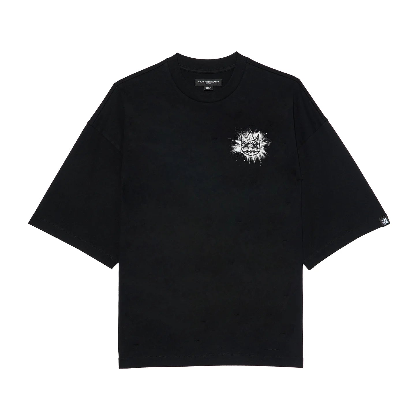 Cult's Oversized Short Sleeve Crew Neck Tee "Splatter Logo" in Black 626A5-K22A