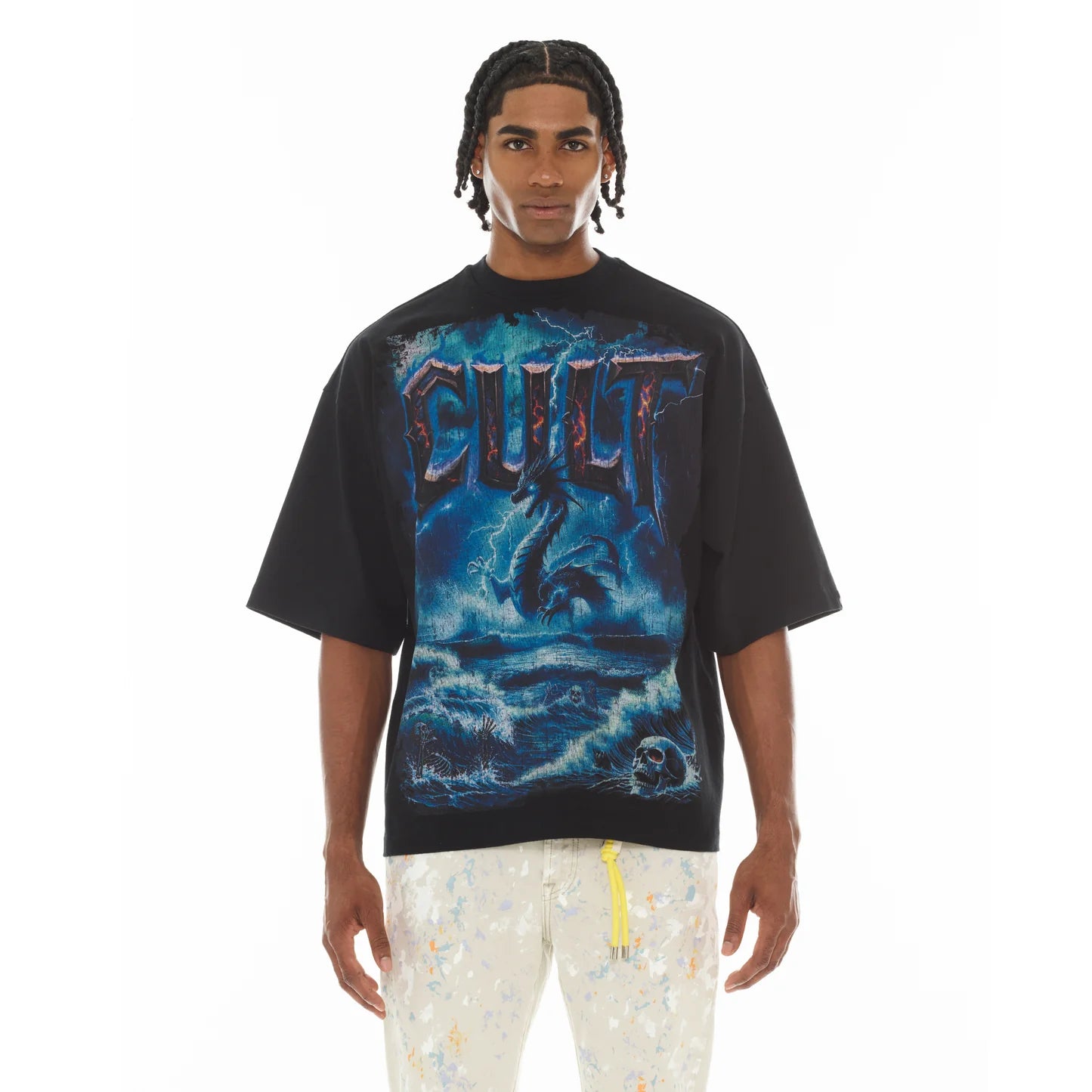 Cult's Oversized Short Sleeve Crew Neck Tee "Sea Of Sorrow" in Black 626A5-K34A