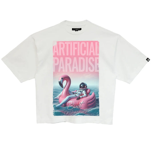Cult's Oversized Short Sleeve Crew Neck Tee "Artificial Paradise" in White 626A5-K47A